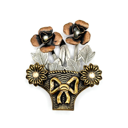 Vintage Brooch of a Basket With Tri-Colored Metal Flowers