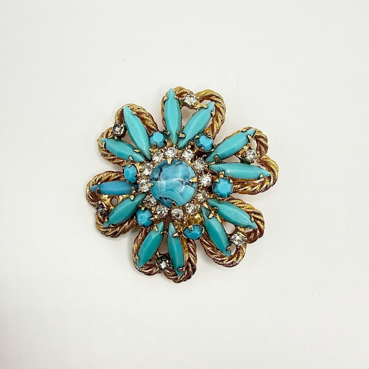 Vintage Brooch Pin of Gold Tone Flower with Turquoise and Clear Rhinestones