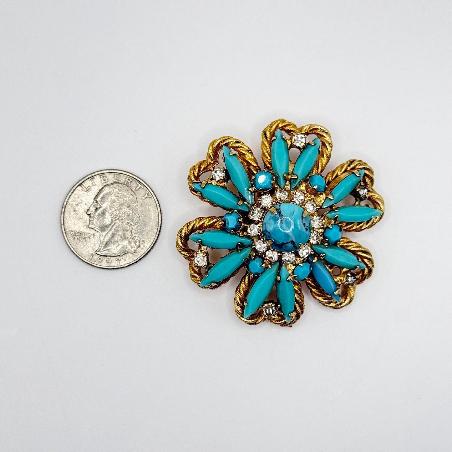 Vintage Brooch Pin of Gold Tone Flower with Turquoise and Clear Rhinestones