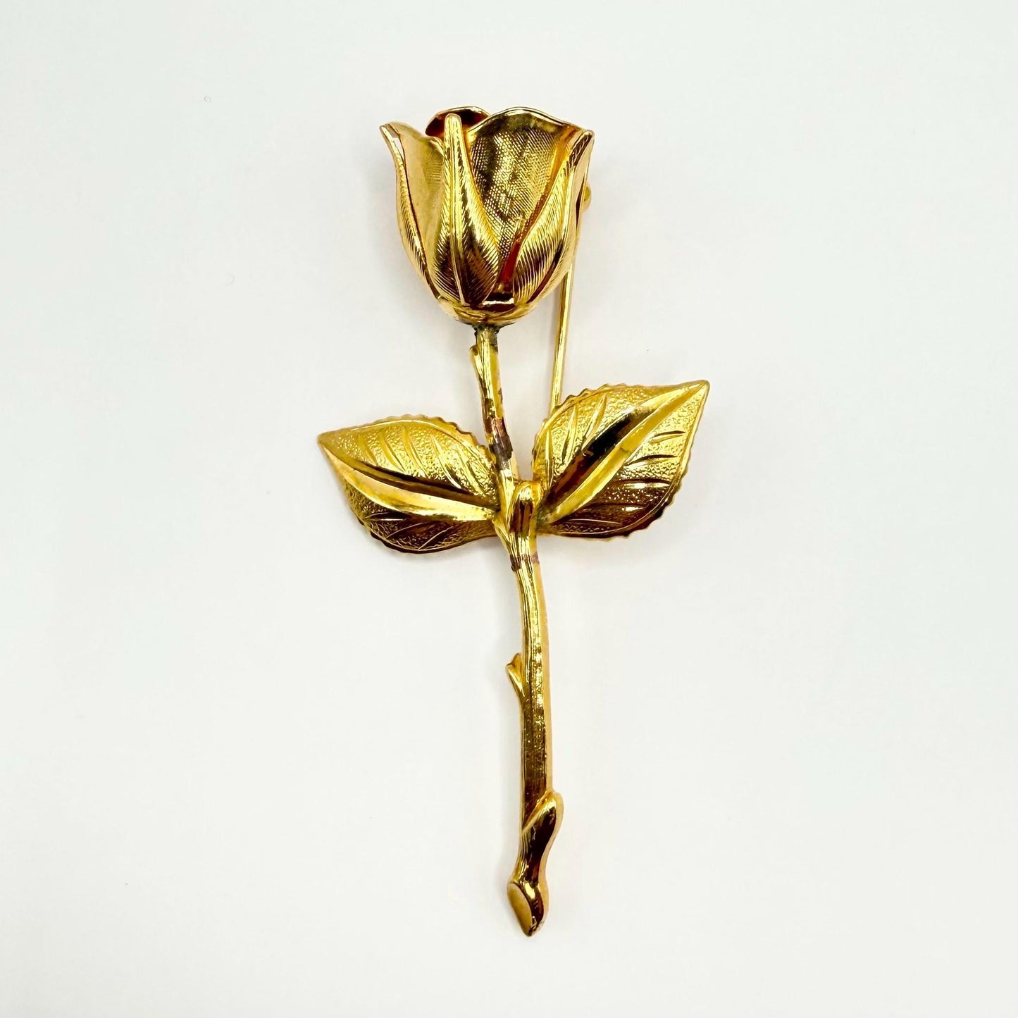 Vintage Brooch Pin of Gold Tone Rose and Leaves