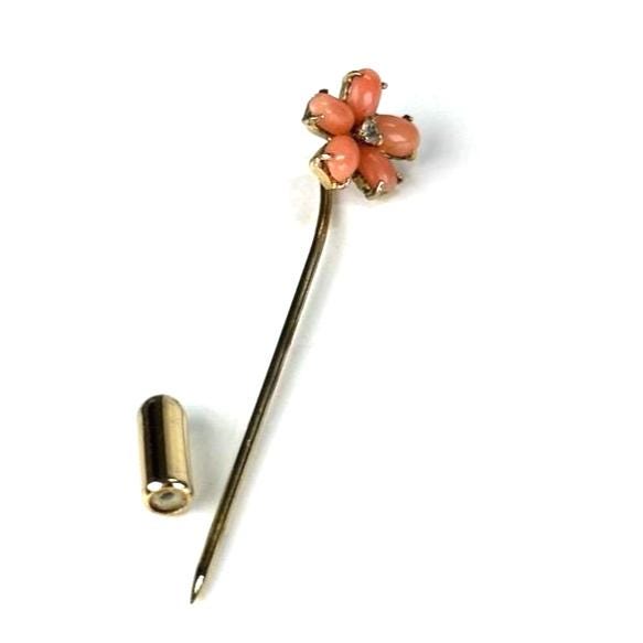 Vintage Brooch Stickpin in Gold Tone with Pink Gemstone Flower
