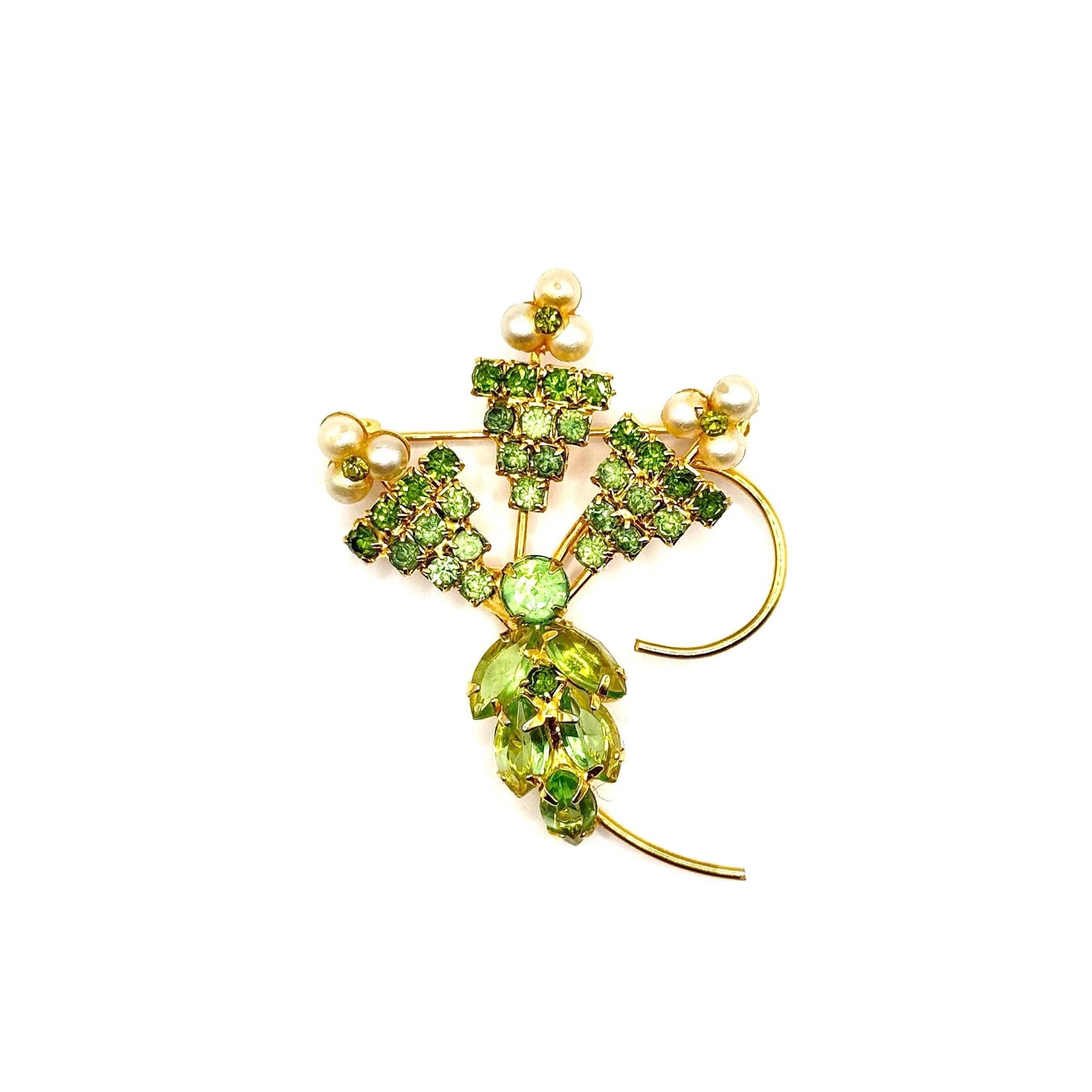 Vintage Brooch Pin in Gold Tone with Green Gemstone Flowers and Pearl Accents