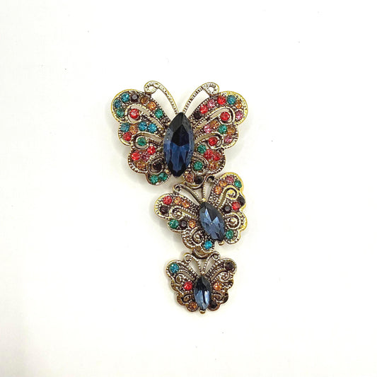 Vintage Brooch Pin of Gold Butterflies with Multicolored Rhinestones