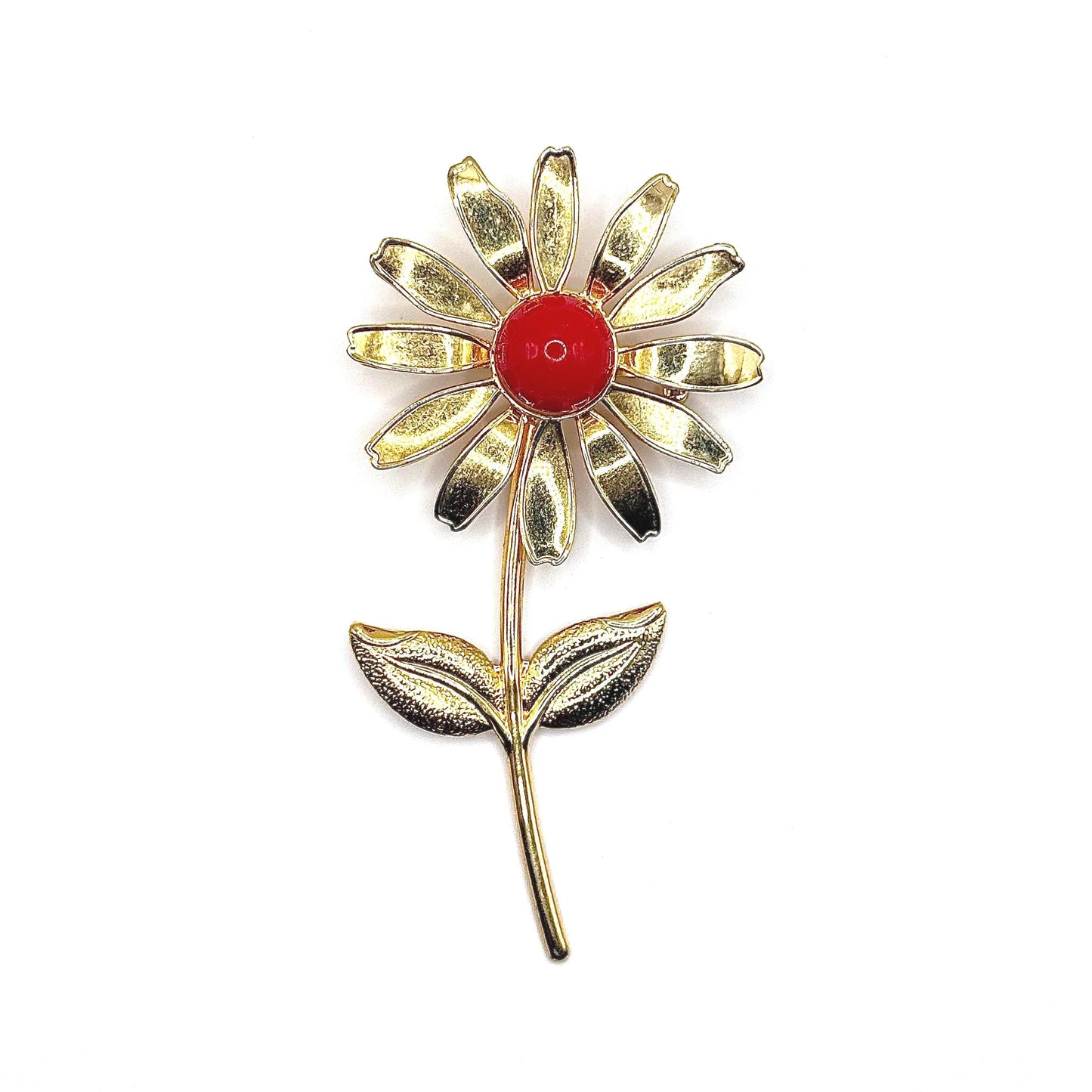 Vintage Metal Daisy Brooch in Gold Tone with Red Enamel Center