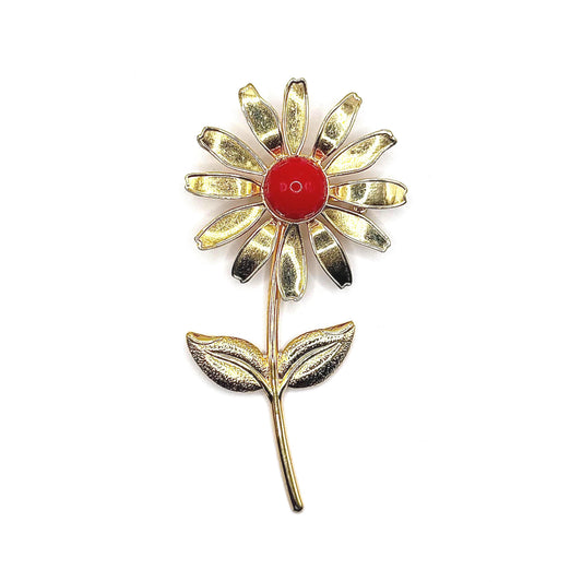 Vintage Metal Daisy Brooch in Gold Tone with Red Enamel Center