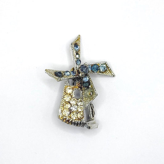 Vintage Brooch in Silver of a Windmill with Blue and Clear Rhinestones