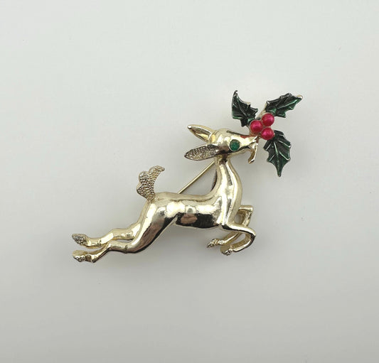 Vintage Leaping Reindeer Christmas Brooch, Gold Tone with Holly Leaves.