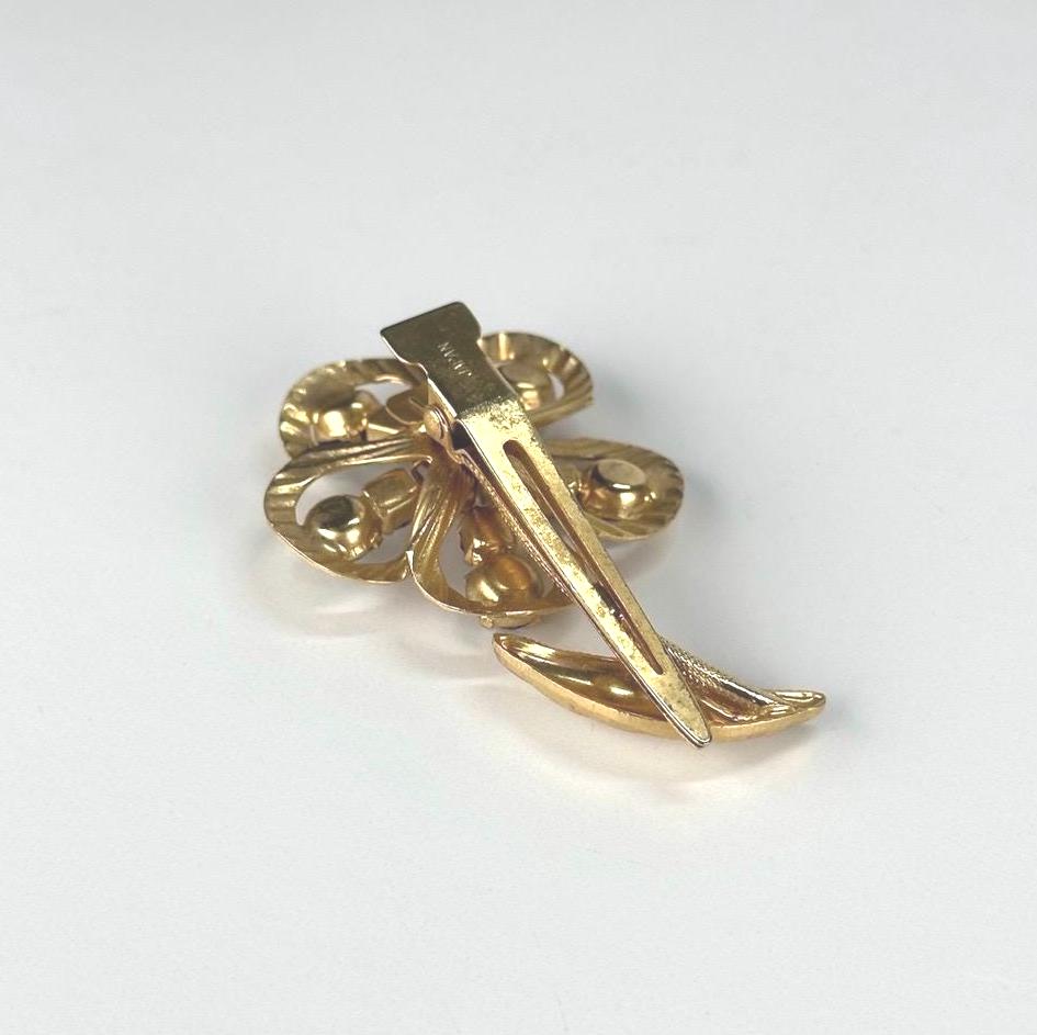 Vintage Hair Clip of Gold Tone Flower with Black Rhinestones and Faux Pearl Center