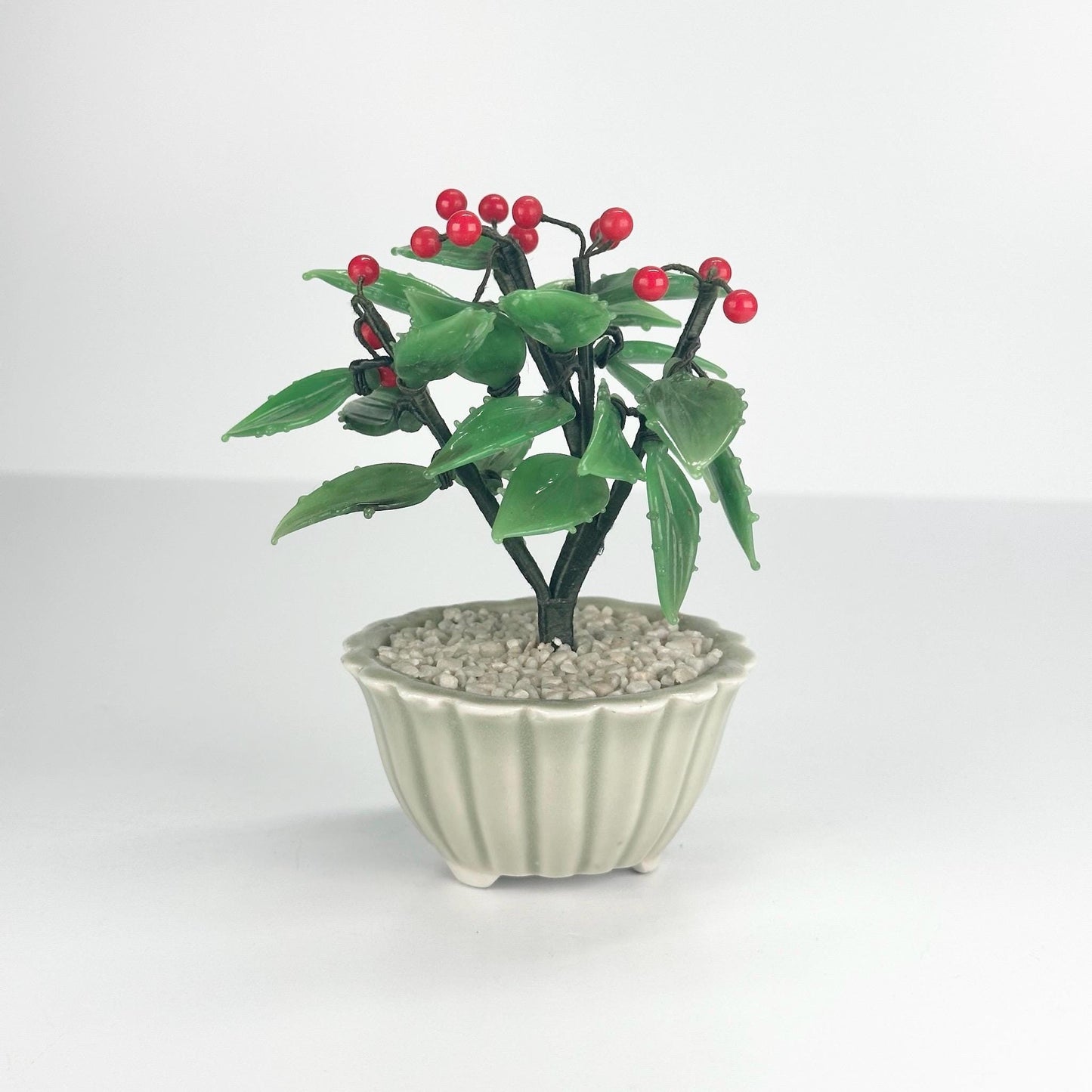 Vintage Artificial Plant with Glass Holly Flowers in Celadon Pot