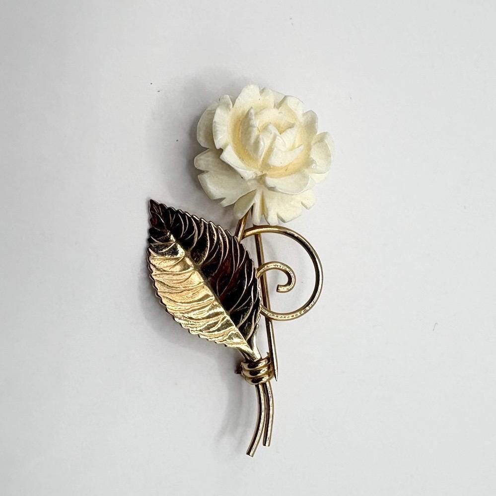 Vintage Flower Brooch with 12K Gold Foil and Carved Celluloid Flower