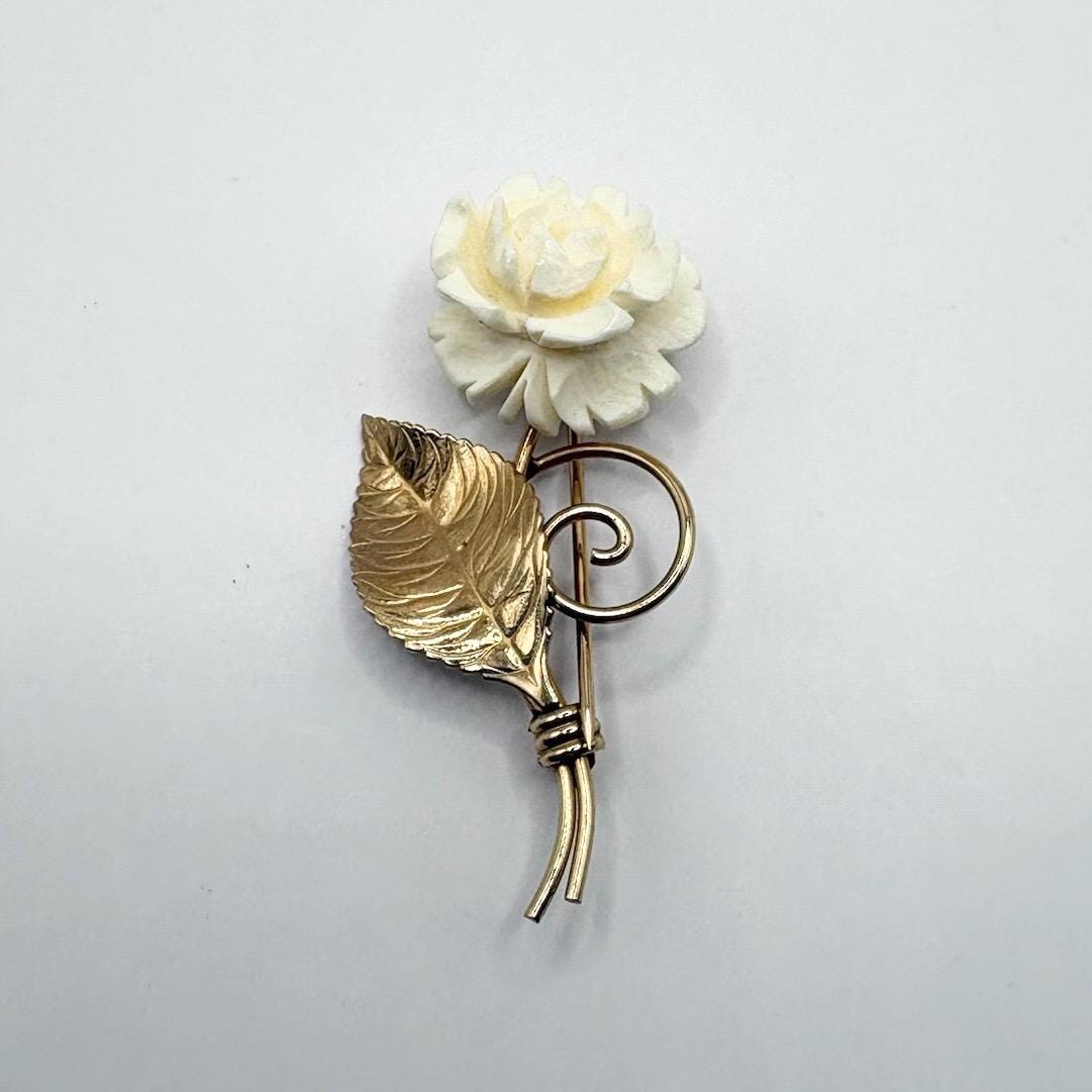 Vintage Flower Brooch with 12K Gold Foil and Carved Celluloid Flower