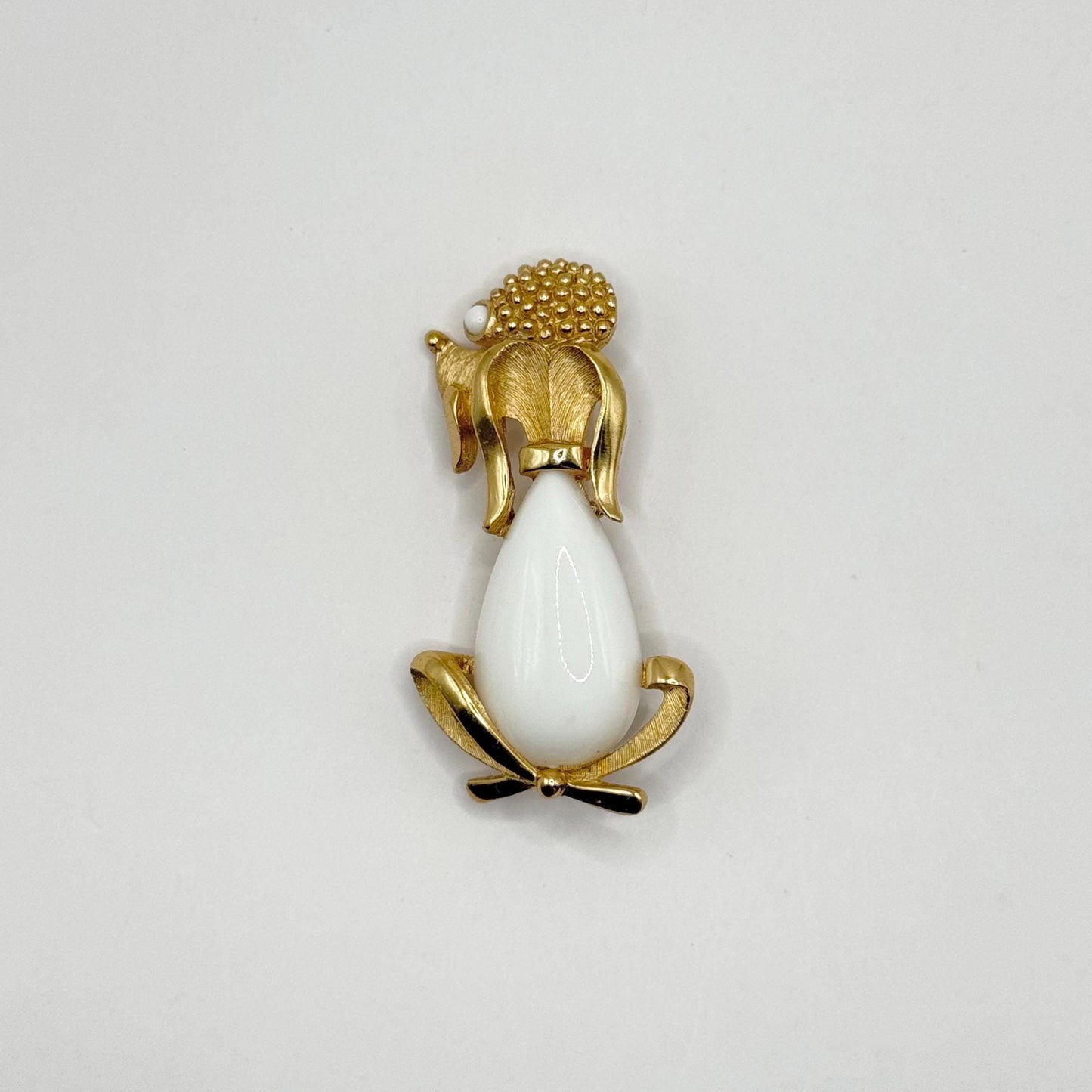 Vintage Trifari Poodle Brooch in Gold Tone with Milk Glass Body