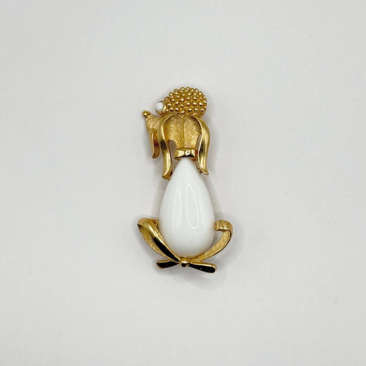 Vintage Trifari Poodle Brooch in Gold Tone with Milk Glass Body
