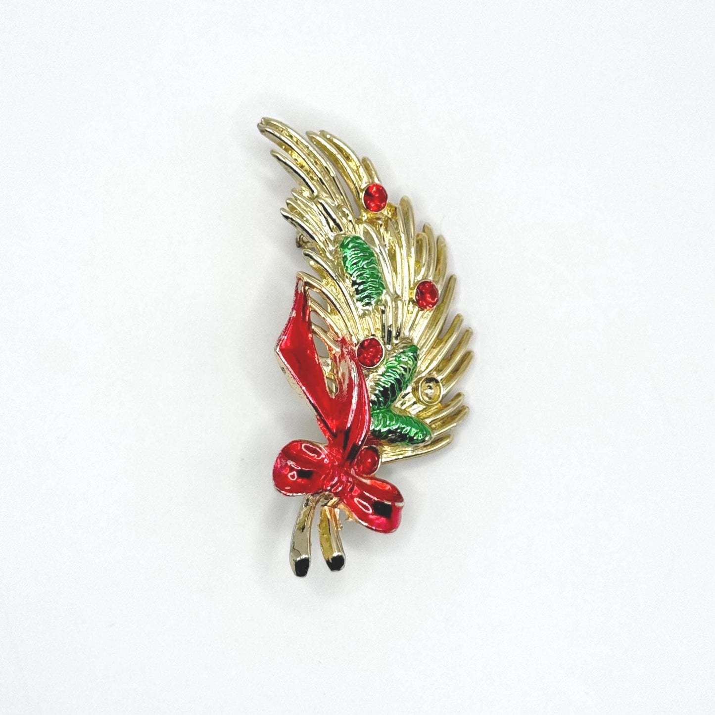 Vintage Brooch of Christmas Bouquet with Enamel Painted Pine Cones, Ribbon & Rhinestones