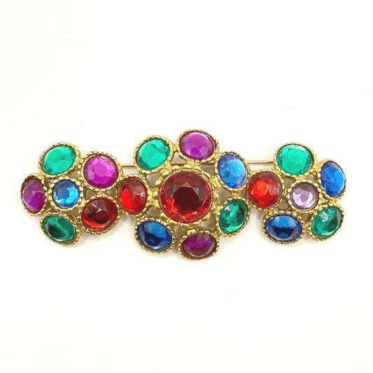 Vintage Brooch with Multi-Colored Bezeled Gemstones Shaped in Flowers