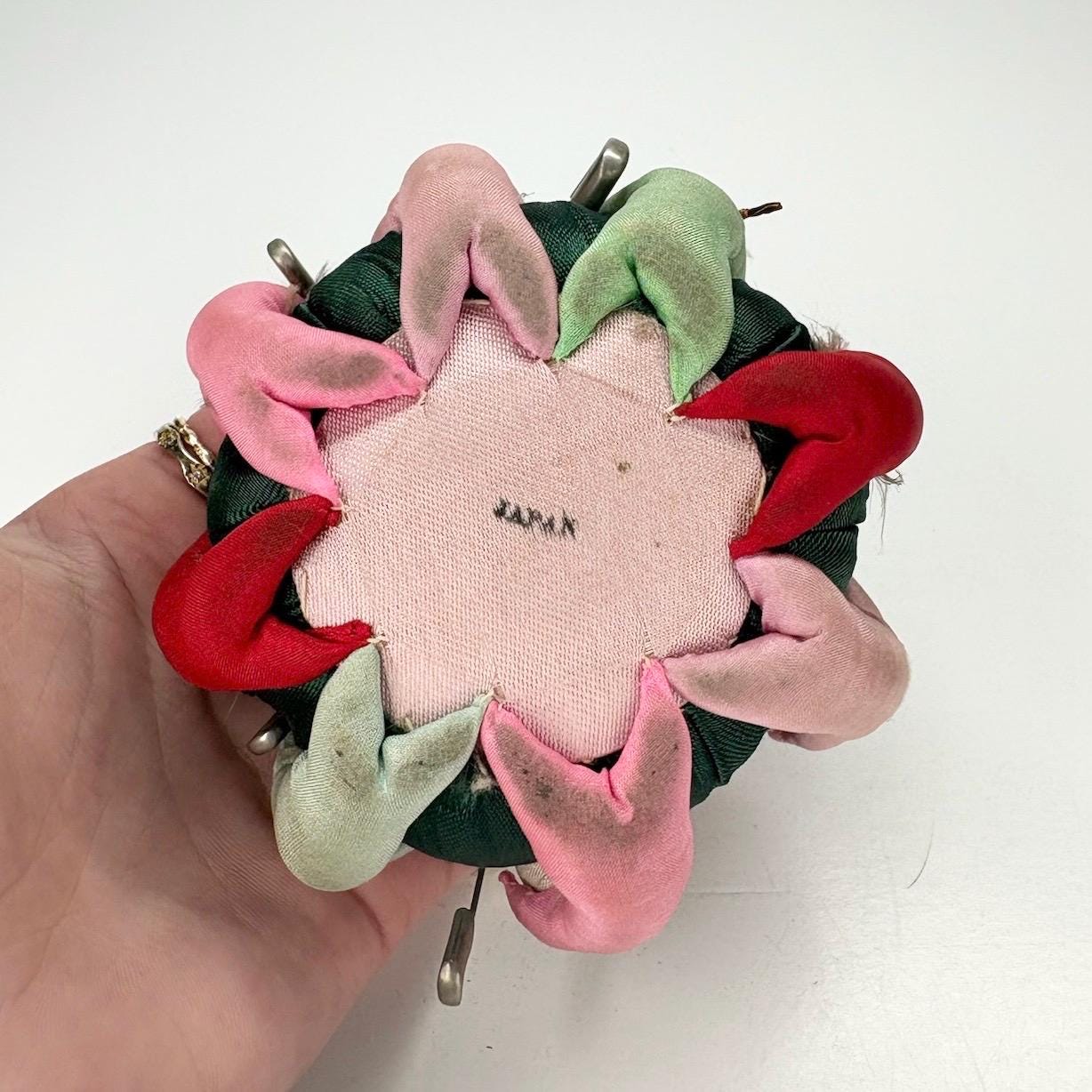 Vintage Pin Cushion with Green Silk and Children Playing Made in Japan