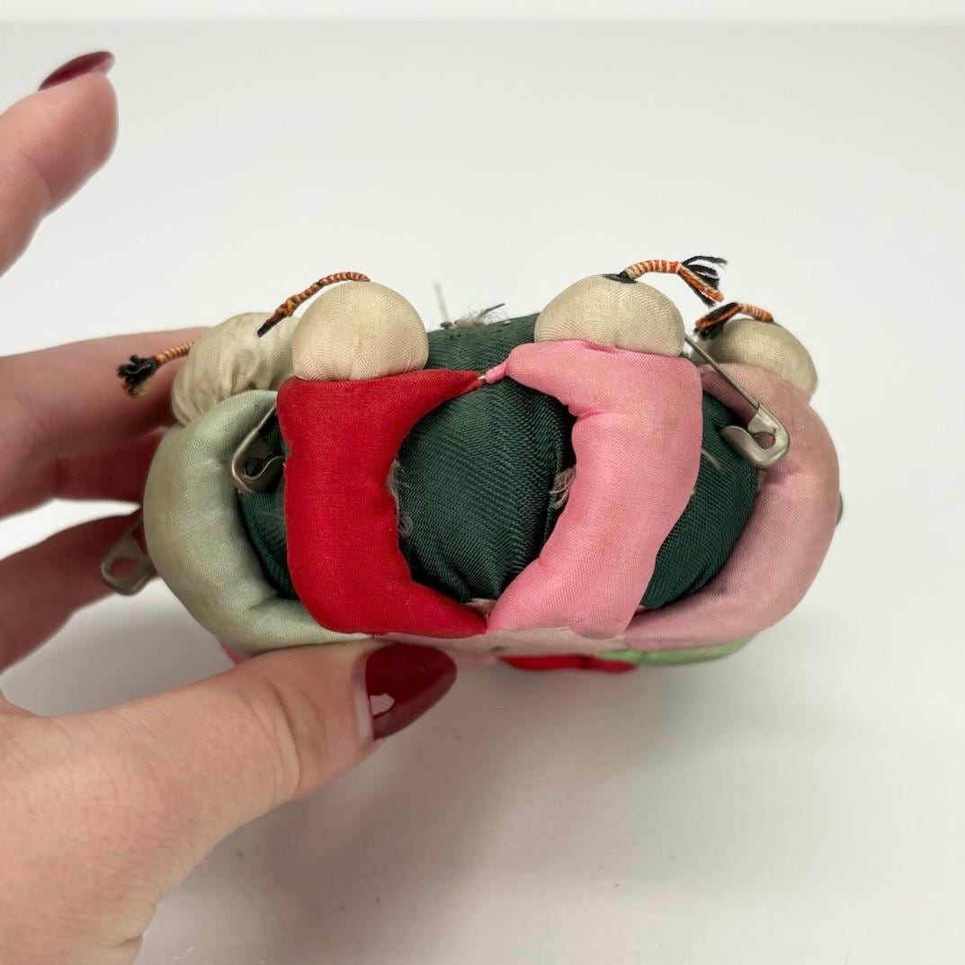 Vintage Pin Cushion with Green Silk and Children Playing Made in Japan
