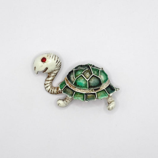 Vintage Brooch Pin of Enamel Turtle with Red Rhinestone Eye and Green Shell