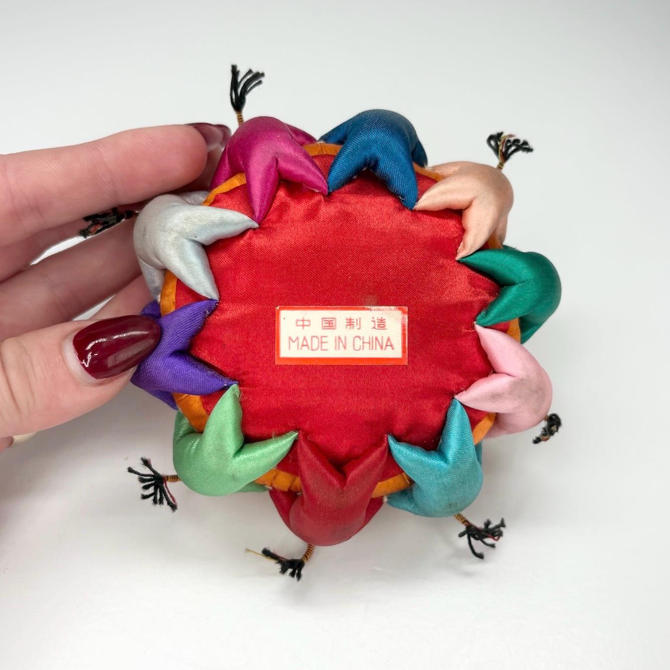 Vintage Pin Cushion with Orange Silk and Children Playing & Made in China