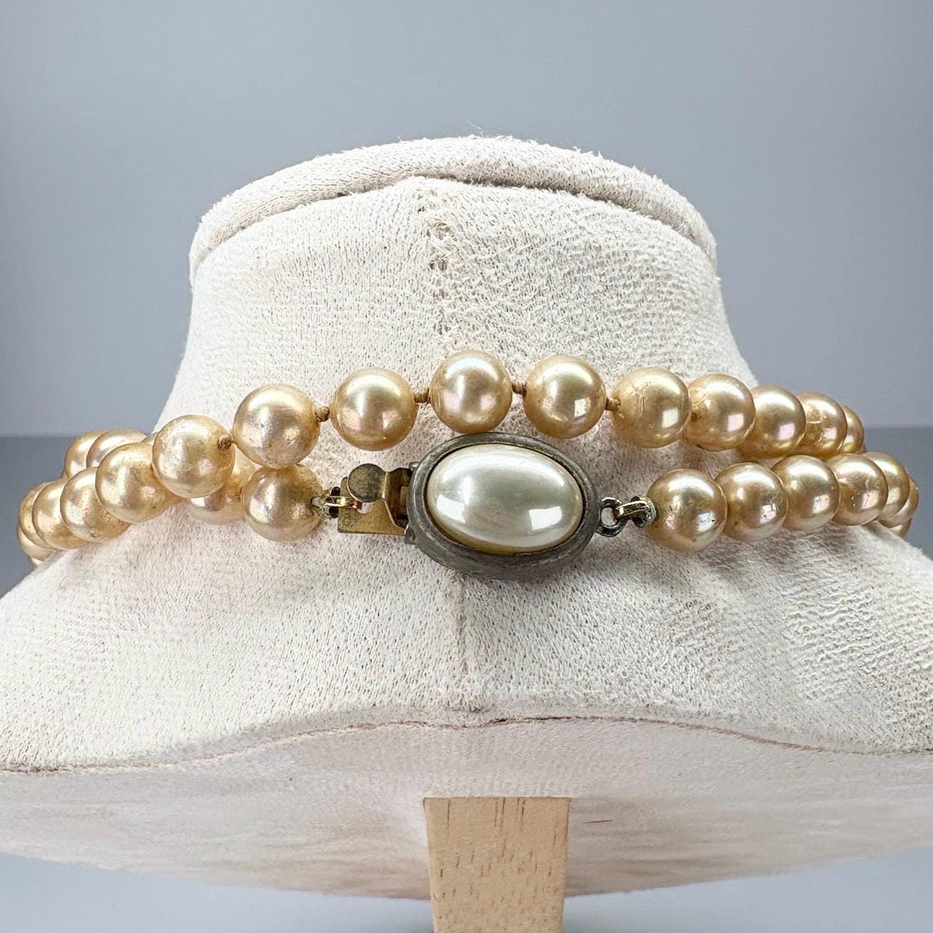 Vintage Necklace with Champagne Faux Pearls Stamped Carolee