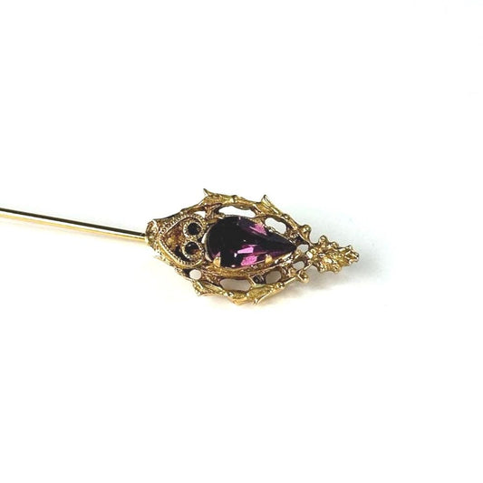 Vintage Stickpin in Gold Tone with Purple Pear Shape Gemstone
