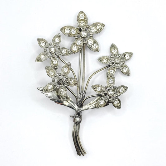 Vintage Brooch of Silver Flower Bouquet with Clear Rhinestones