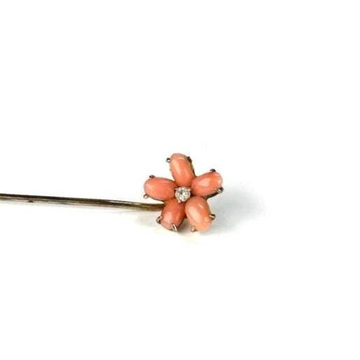 Vintage Brooch Stickpin in Gold Tone with Pink Gemstone Flower