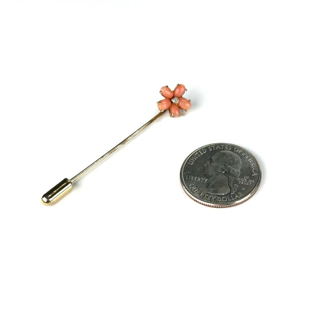 Vintage Brooch Stickpin in Gold Tone with Pink Gemstone Flower