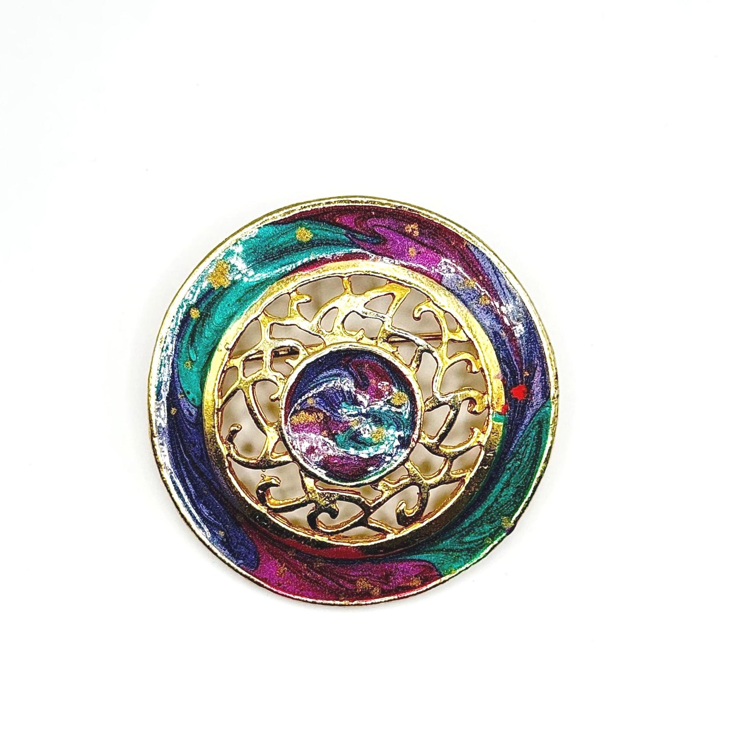 Vintage Brooch with Gold Tone Filigree with Purple and Teal Epoxy Enamel Swirls