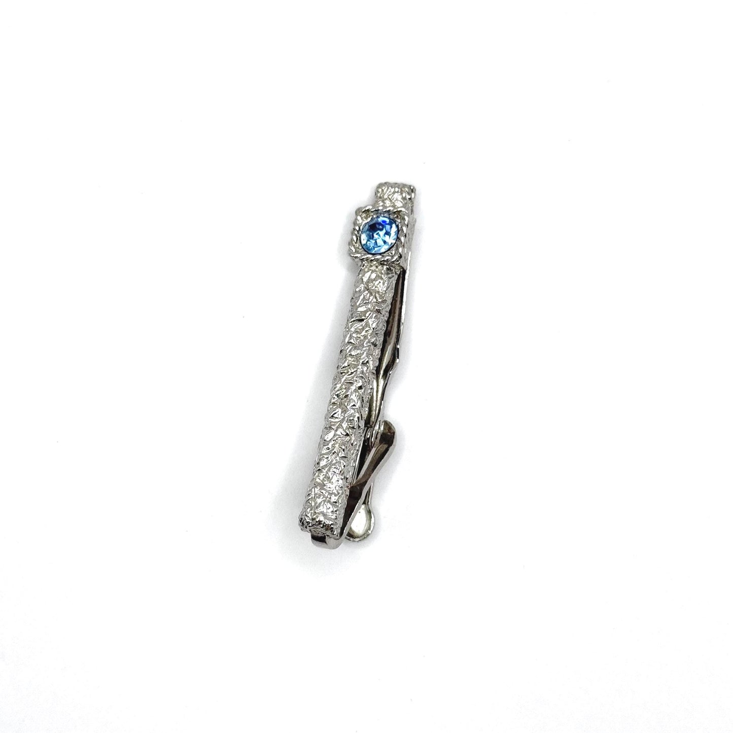 Vintage Tie Clip in Textured Silver Tone with Blue Gemstone Made by Swank
