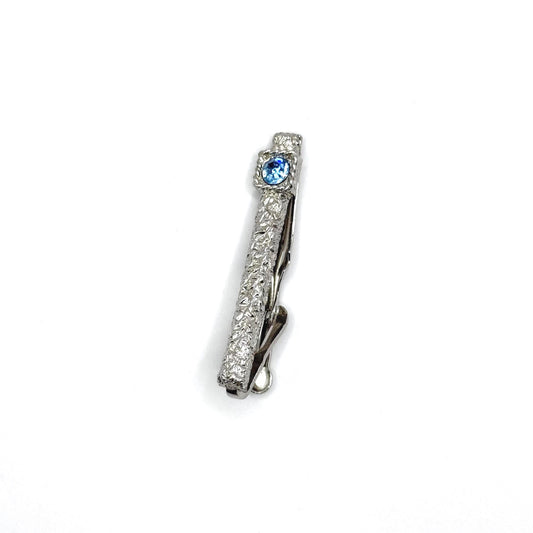 Vintage Tie Clip in Textured Silver Tone with Blue Gemstone Made by Swank