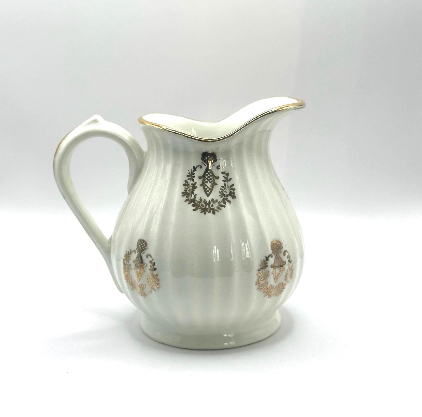 Vintage Ceramic Pitcher with White and Gold Floral Design Stamped Capodimonte