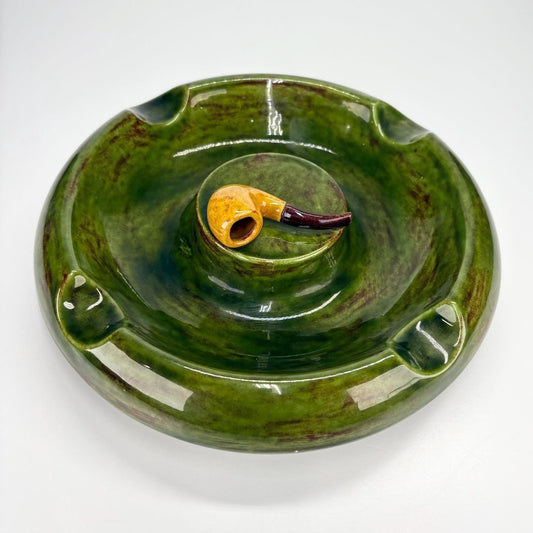 Vintage MCM Green Ashtray with Four Slots and a Decorative Yellow Pipe in the Center