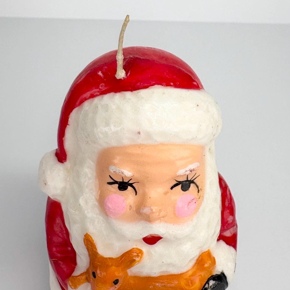 Vintage Christmas Candle of Santa Holding a Reindeer