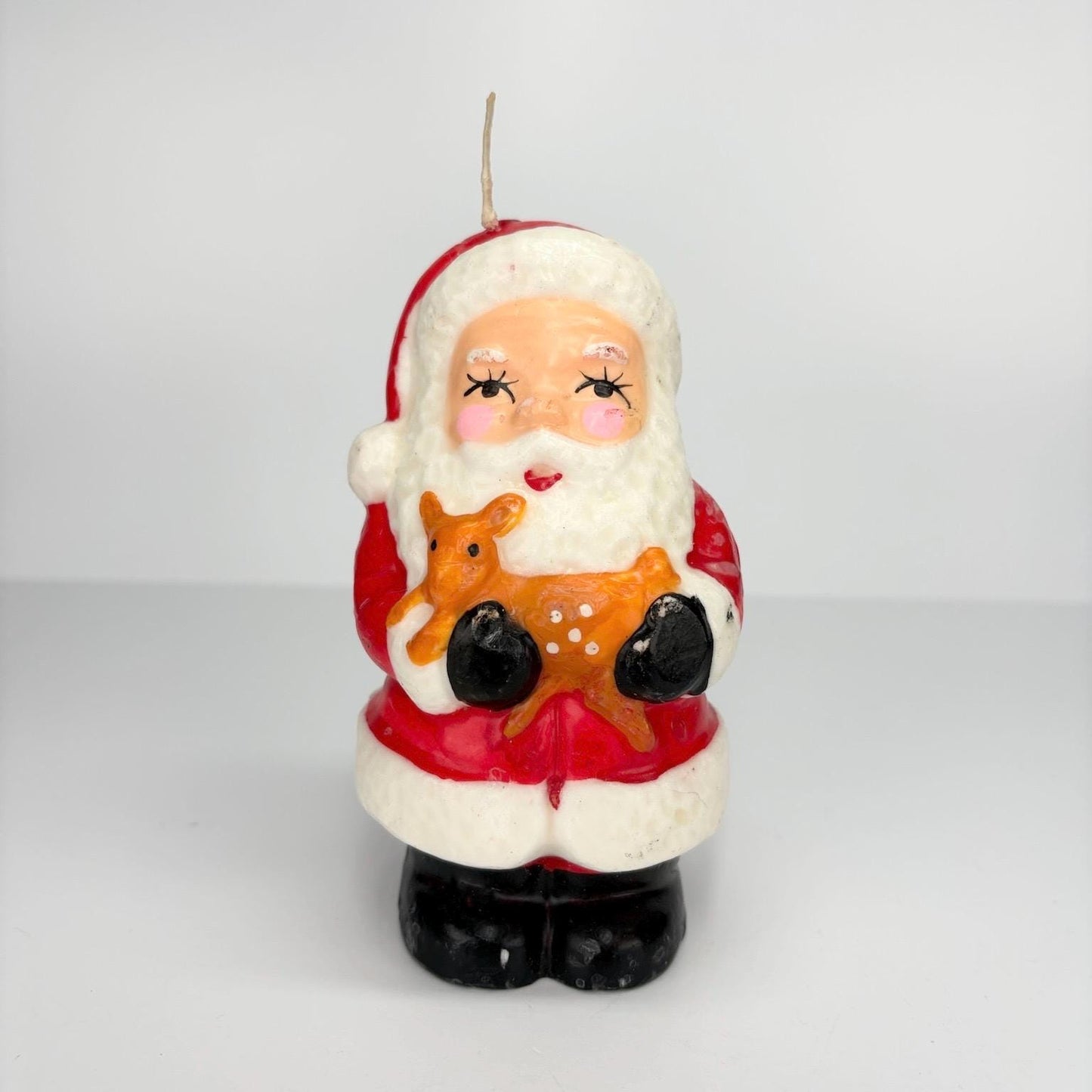 Vintage Christmas Candle of Santa Holding a Reindeer