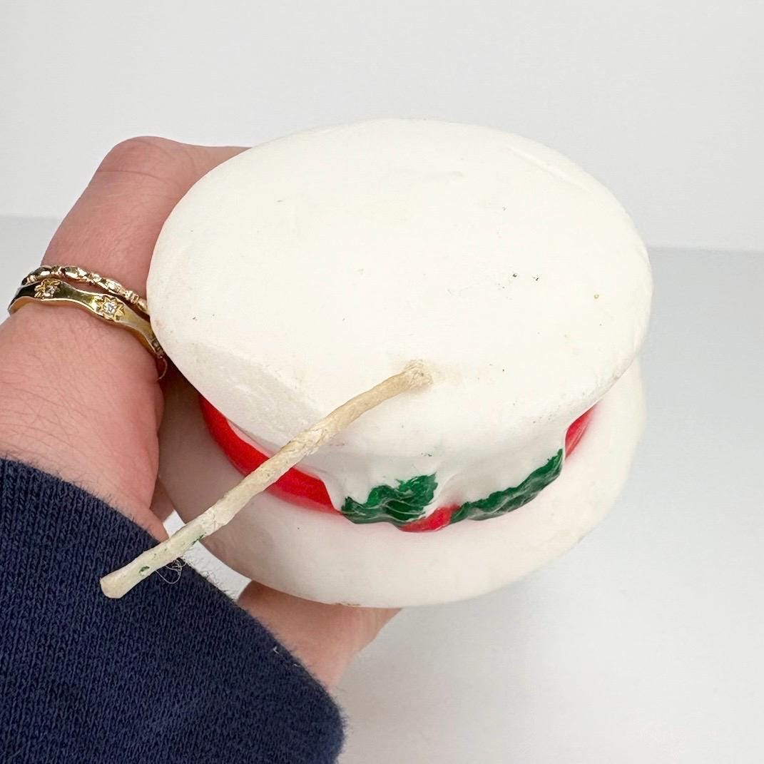 Vintage Christmas Snowman Candle with Red and Green Accents