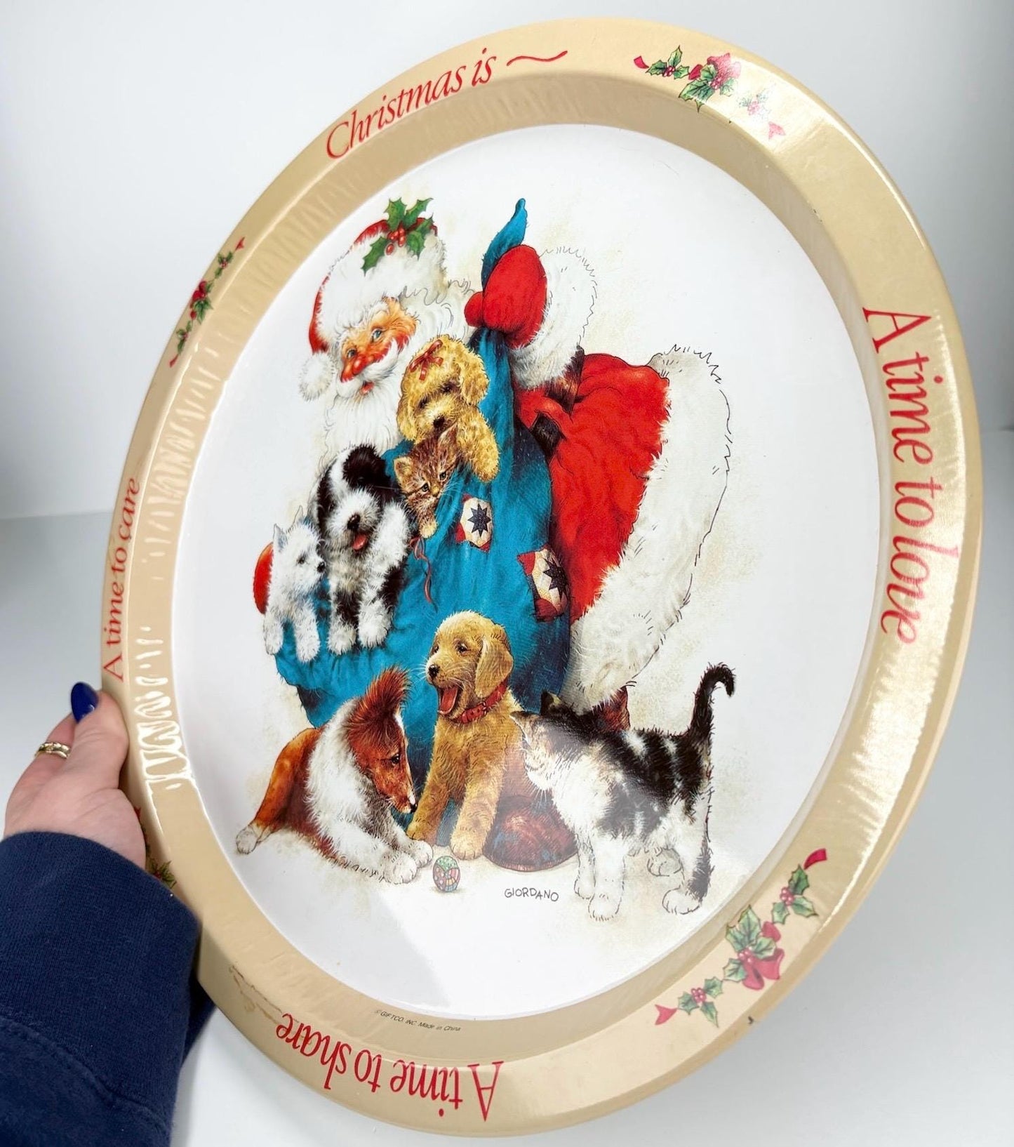 Vintage Metal Serving Tray with Picture of Santa with Puppies and Kittens Made Giordano