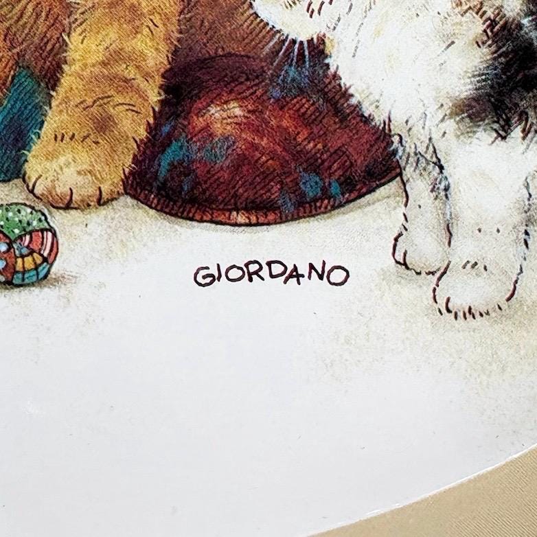 Vintage Metal Serving Tray with Picture of Santa with Puppies and Kittens Made Giordano