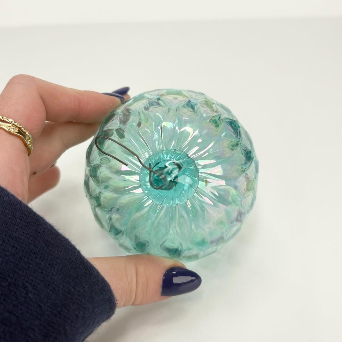 Vintage Hand Blown Aquamarine Blue Ornament with a Diamond Optic Pattern and Iridescent Finish