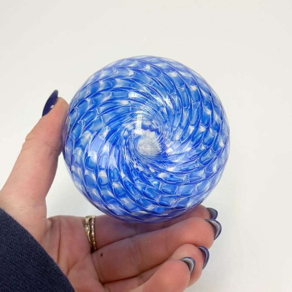 Vintage Hand Blown Blue Ornament with Blue Twisted Chevron Pattern