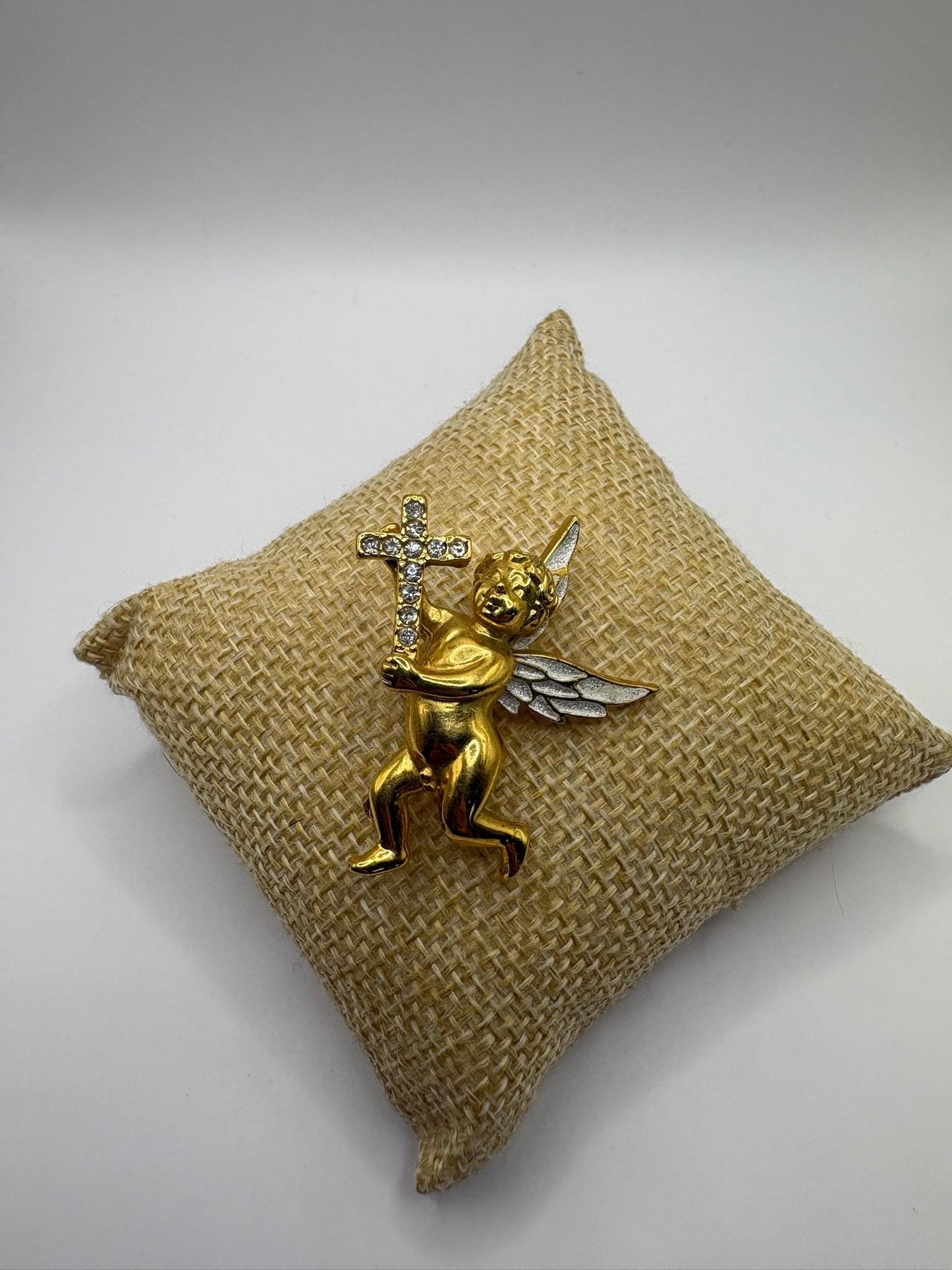 Vintage Angel Cherub Brooch with Rhinestone Cross and Stamped Buter