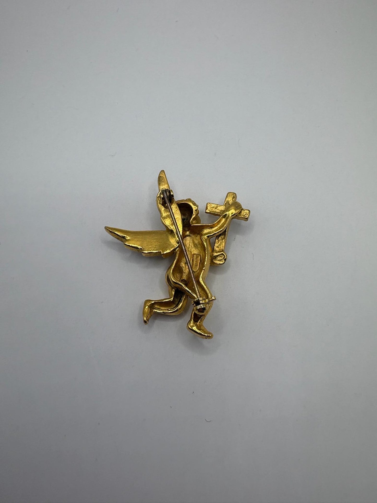 Vintage Angel Cherub Brooch with Rhinestone Cross and Stamped Buter