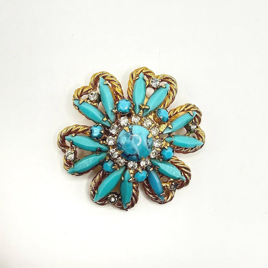 Vintage Brooch Pin of Gold Tone Flower with Turquoise and Clear Rhinestones