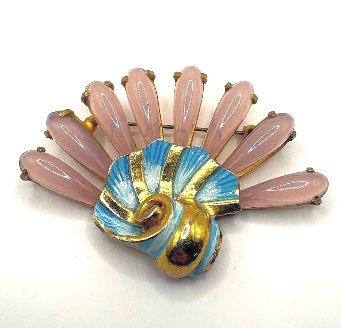 Vintage Pink Lucite Gold Tone Enamel Shell Pin