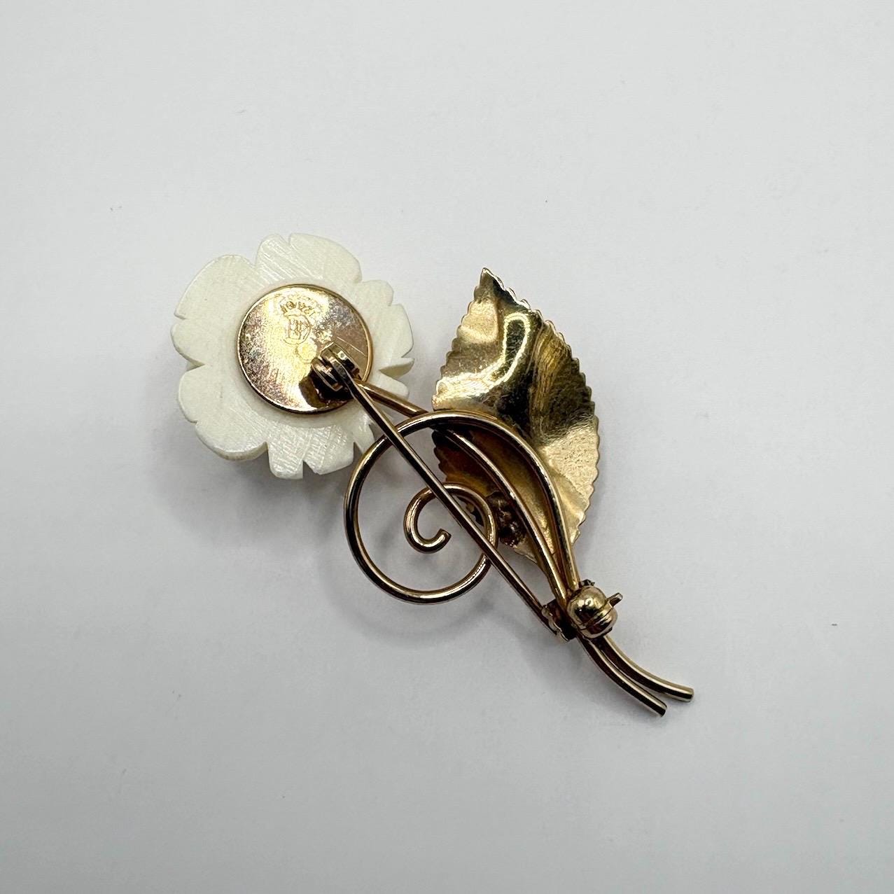 Vintage Flower Brooch with 12K Gold Foil and Carved Celluloid Flower