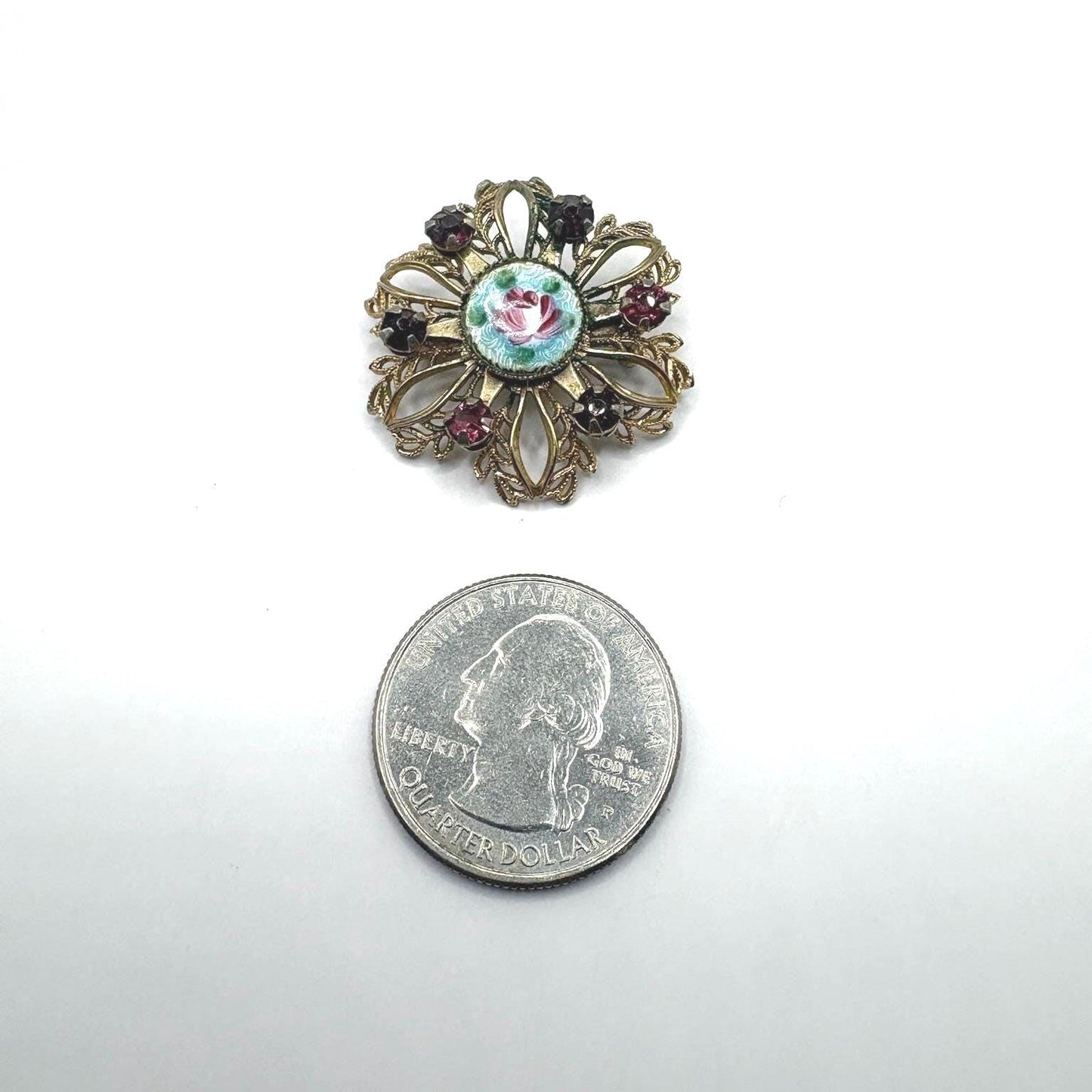 Vintage Floral Filigree Brooch – Hand Painted Enamel Flower with Rhinestones