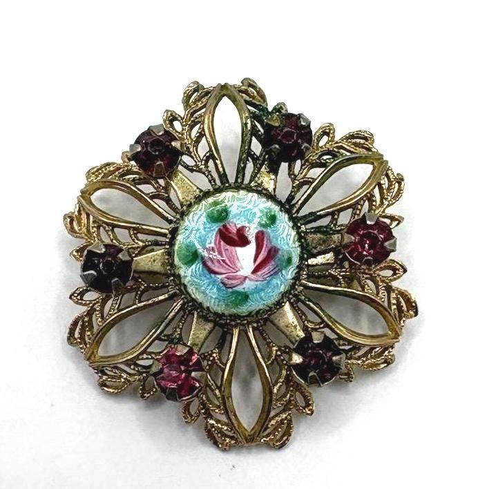 Vintage Floral Filigree Brooch – Hand Painted Enamel Flower with Rhinestones