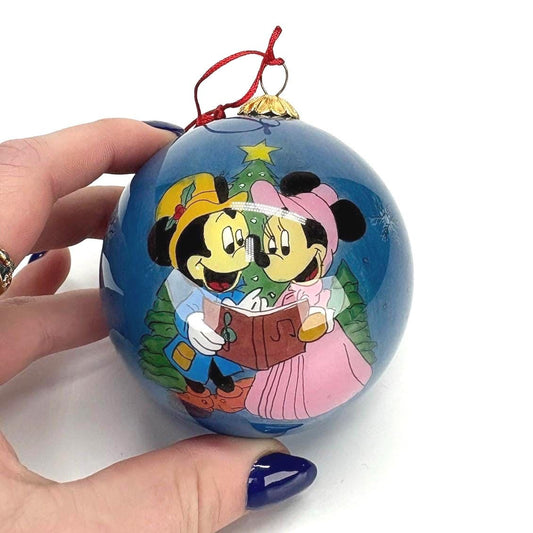 Vintage Disney Christmas Ornament Mickey Minnie Caroling Hand Painted Glass Holiday Decor