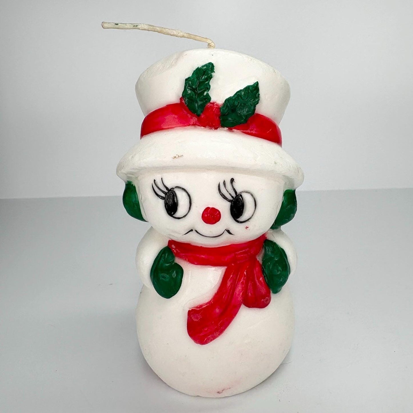 Vintage Christmas Snowman Candle with Red and Green Accents