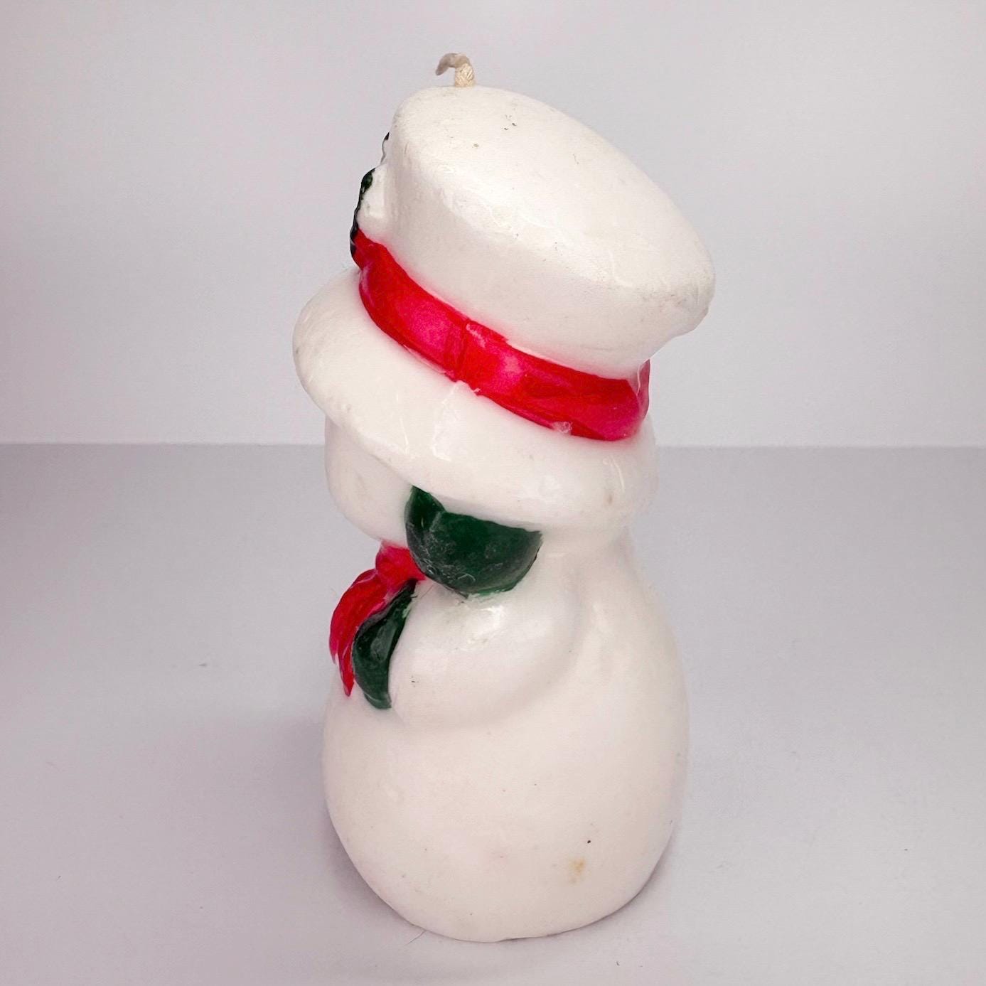 Vintage Christmas Snowman Candle with Red and Green Accents